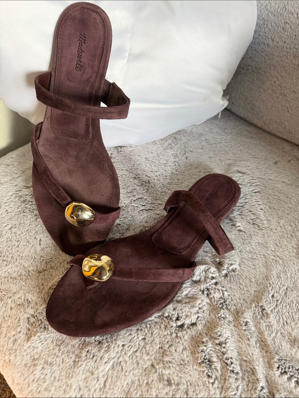 Madewell Brown/burgundy Suede Slide Sandals with Gold Orb Accent